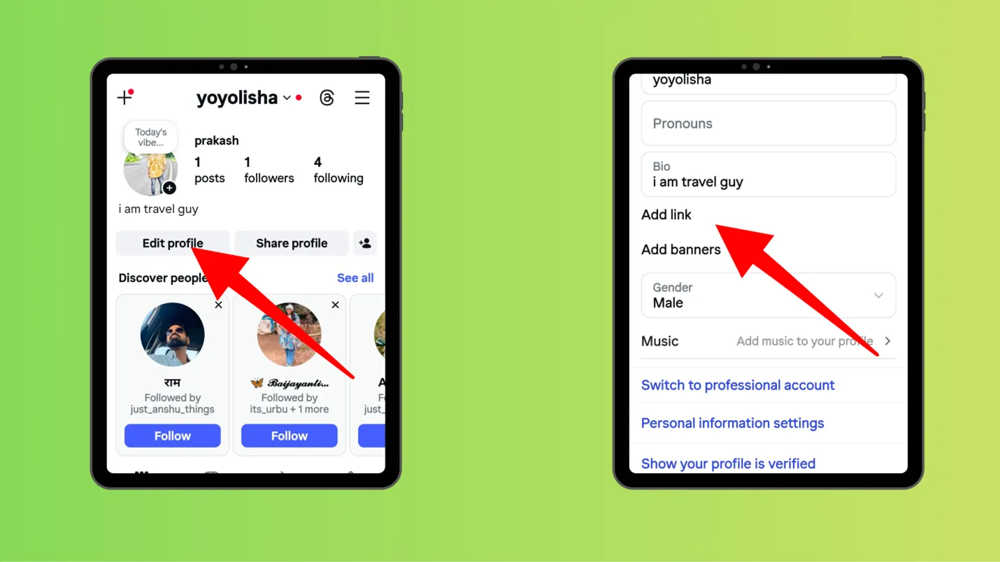 YouTube link on Instagram bio