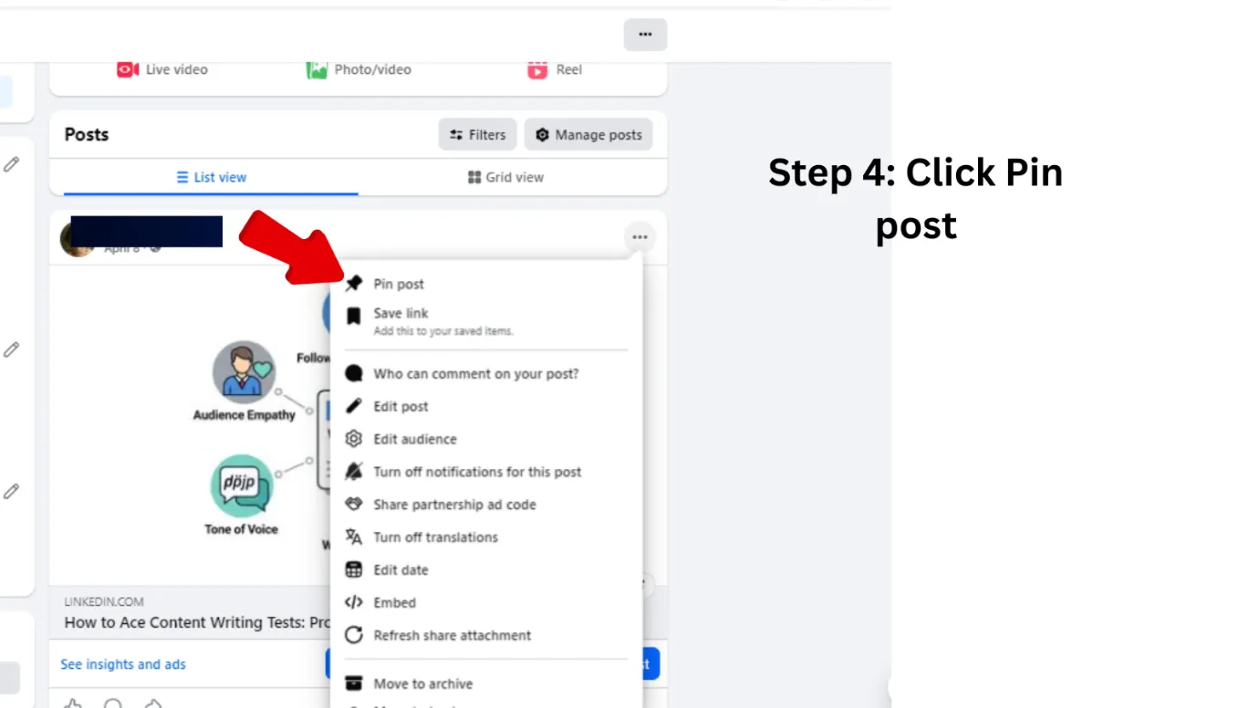 Click pin post on Facebook