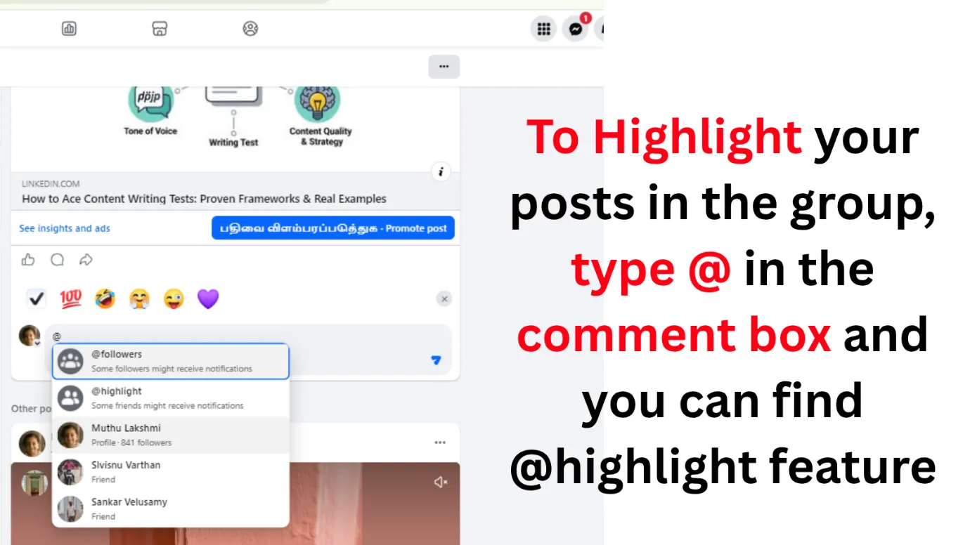 Highlight command in Facebook Groups
