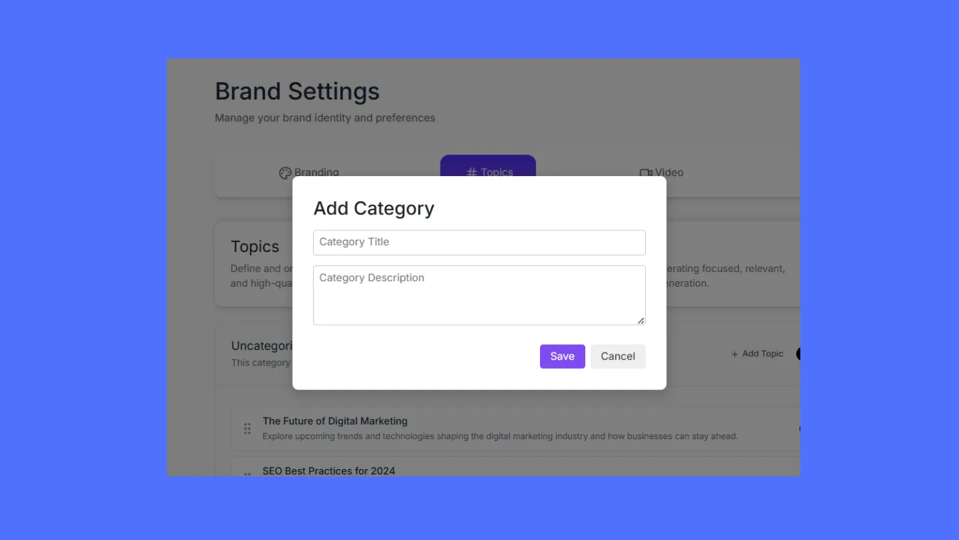 Add your topic and category
